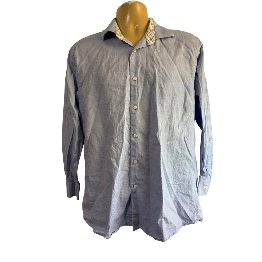 Tattersall London Mens Blue Cotton Button Down Dress Shirt 16 32/33 Plaid Trim